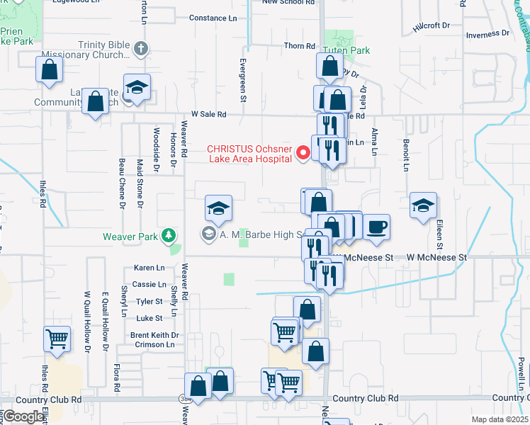 map of restaurants, bars, coffee shops, grocery stores, and more near 2020 Southwood Drive in Lake Charles