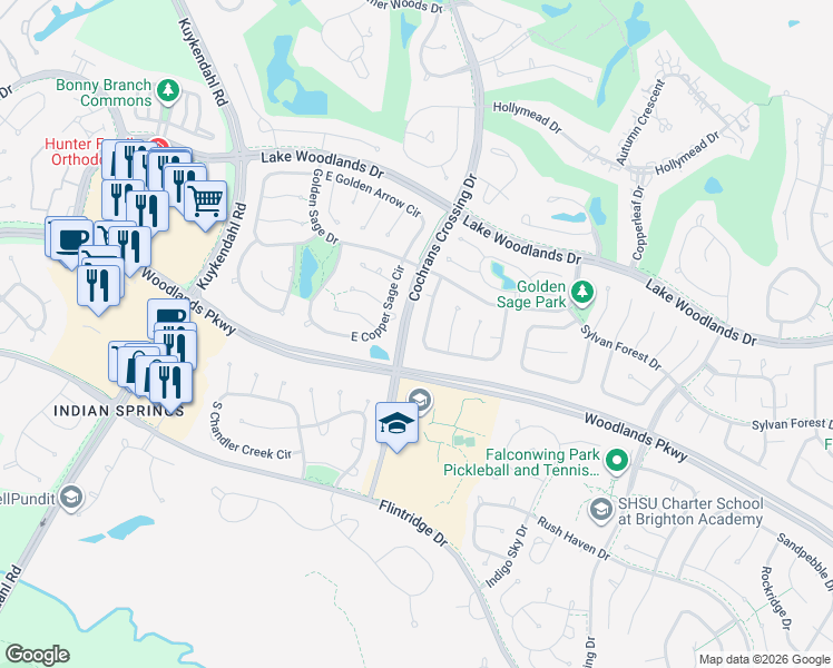 map of restaurants, bars, coffee shops, grocery stores, and more near 104 W Bonneymead Cir in Spring