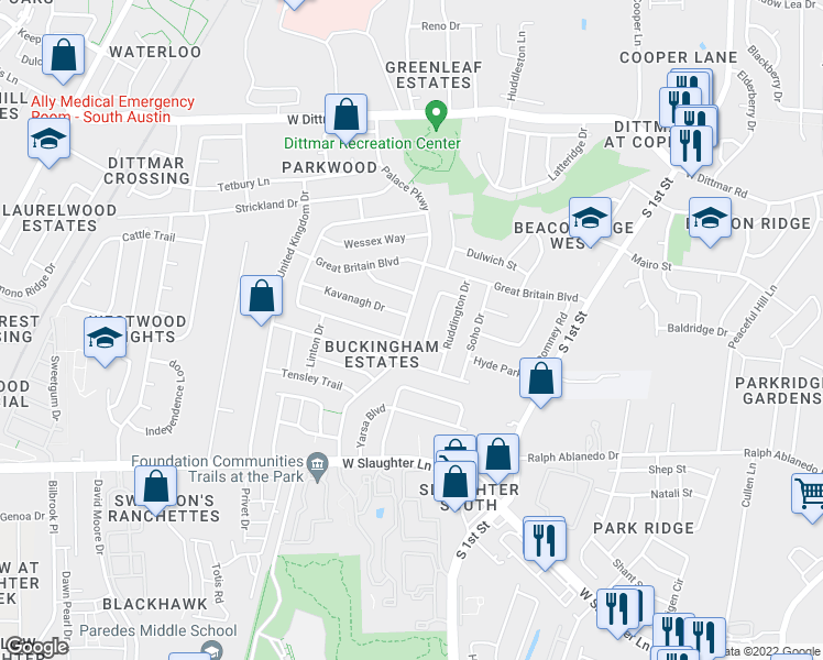 map of restaurants, bars, coffee shops, grocery stores, and more near 8705 Palace Parkway in Austin