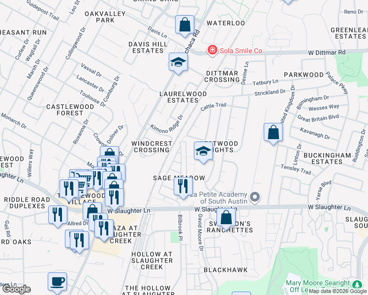 map of restaurants, bars, coffee shops, grocery stores, and more near 9109 Sweetgum Drive in Austin