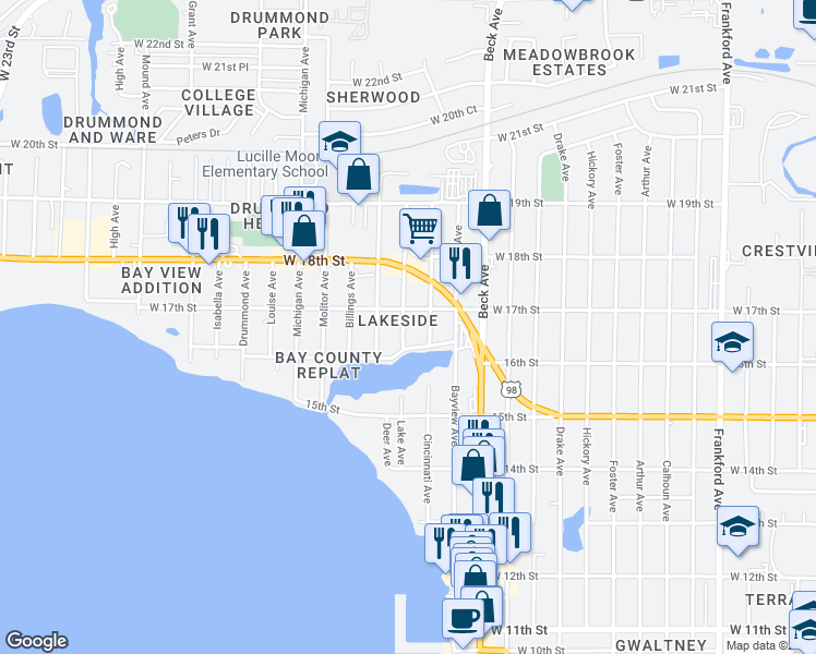 map of restaurants, bars, coffee shops, grocery stores, and more near 1610 Lake Avenue in Panama City