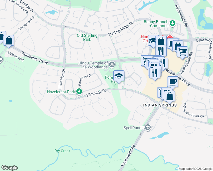 map of restaurants, bars, coffee shops, grocery stores, and more near 2 Mirror Ridge Court in Spring