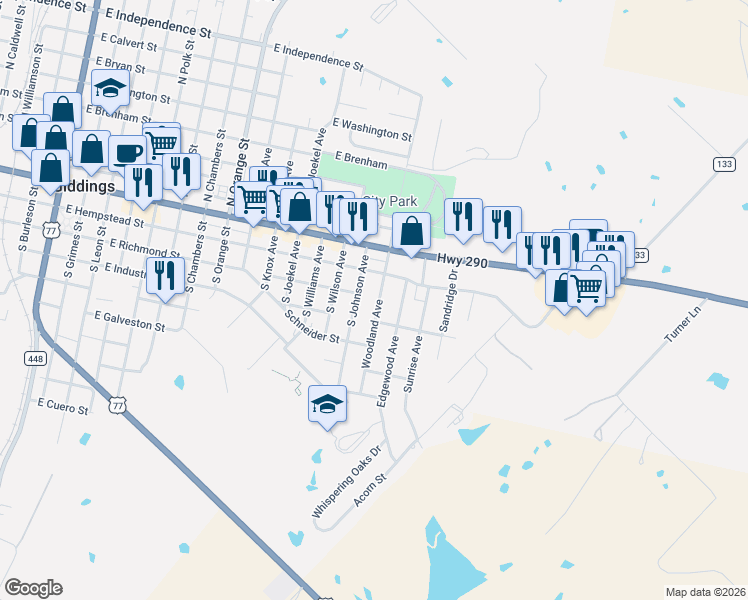 map of restaurants, bars, coffee shops, grocery stores, and more near 283 Woodland Avenue in Giddings