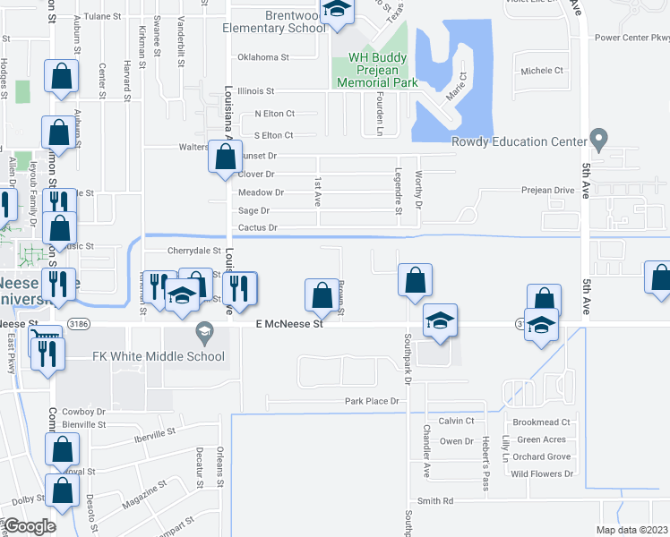 map of restaurants, bars, coffee shops, grocery stores, and more near 4440 Brown Street in Lake Charles