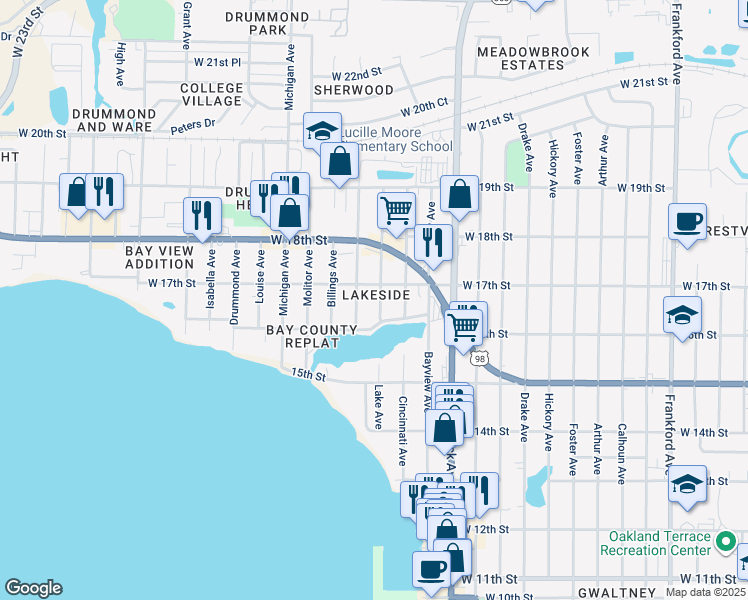 map of restaurants, bars, coffee shops, grocery stores, and more near 1614-1616 Deer Avenue in Panama City