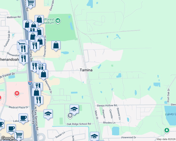 map of restaurants, bars, coffee shops, grocery stores, and more near 19103 Main Street in Conroe