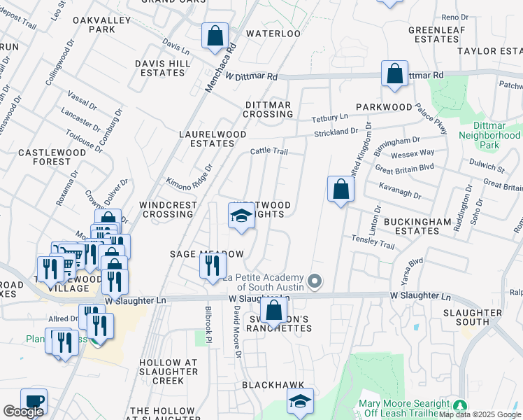 map of restaurants, bars, coffee shops, grocery stores, and more near 9109 Jesse James Drive in Austin