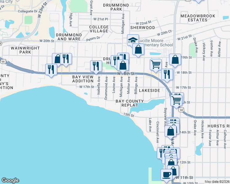 map of restaurants, bars, coffee shops, grocery stores, and more near 1610 Louise Avenue in Panama City