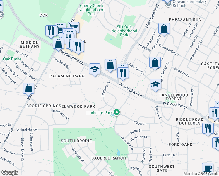 map of restaurants, bars, coffee shops, grocery stores, and more near 3015 Foxton Cove in Austin