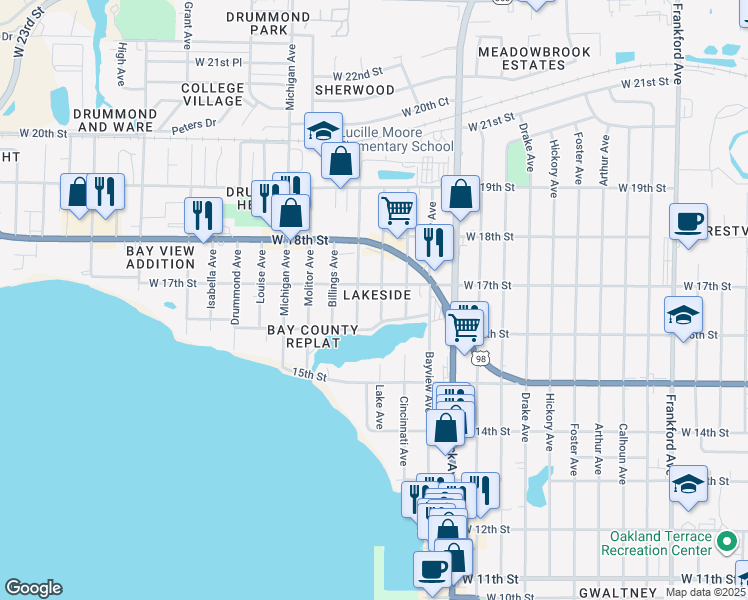 map of restaurants, bars, coffee shops, grocery stores, and more near 1614-1616 Deer Avenue in Panama City