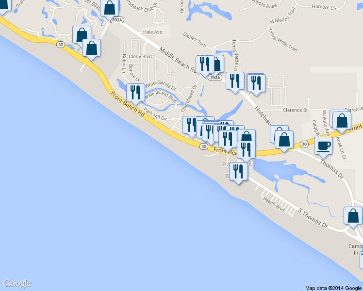 map of restaurants, bars, coffee shops, grocery stores, and more near 10519 Front Beach Road in Panama City Beach
