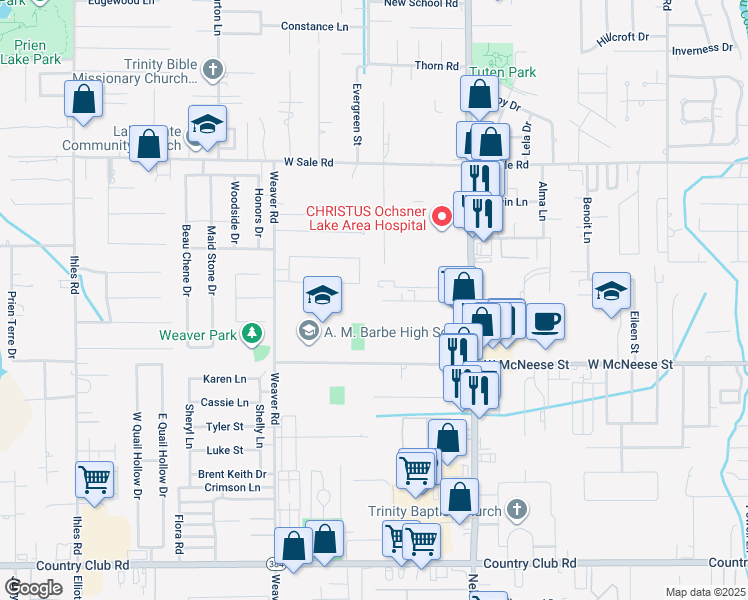map of restaurants, bars, coffee shops, grocery stores, and more near 2020 Southwood Drive in Lake Charles