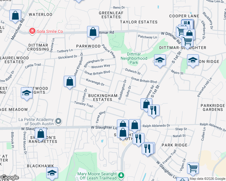 map of restaurants, bars, coffee shops, grocery stores, and more near 8705 Palace Parkway in Austin