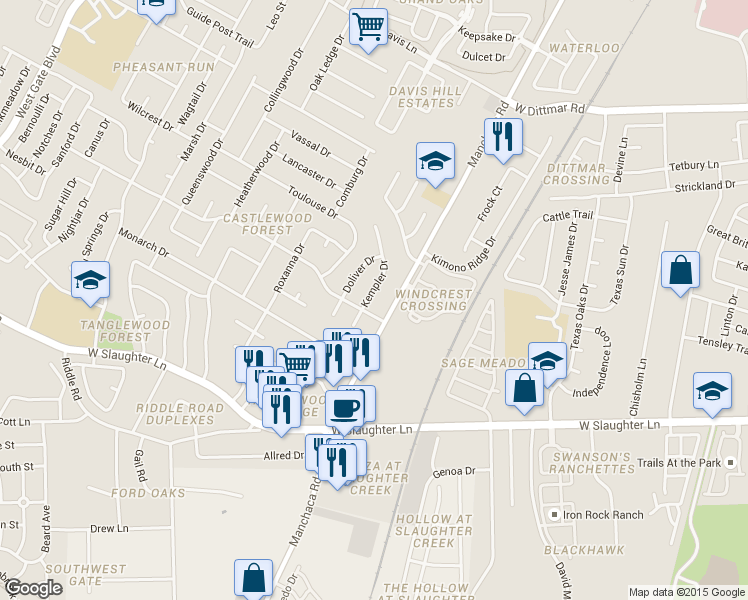 map of restaurants, bars, coffee shops, grocery stores, and more near 9406 Kempler Drive in Austin