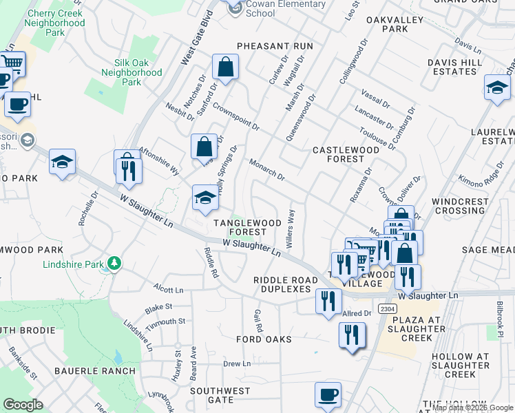 map of restaurants, bars, coffee shops, grocery stores, and more near 9810 Briar Ridge Drive in Austin