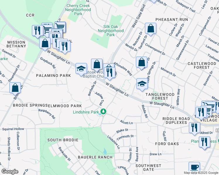 map of restaurants, bars, coffee shops, grocery stores, and more near 3003 West Slaughter Lane in Austin