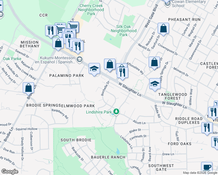 map of restaurants, bars, coffee shops, grocery stores, and more near 3015 Foxton Cove in Austin