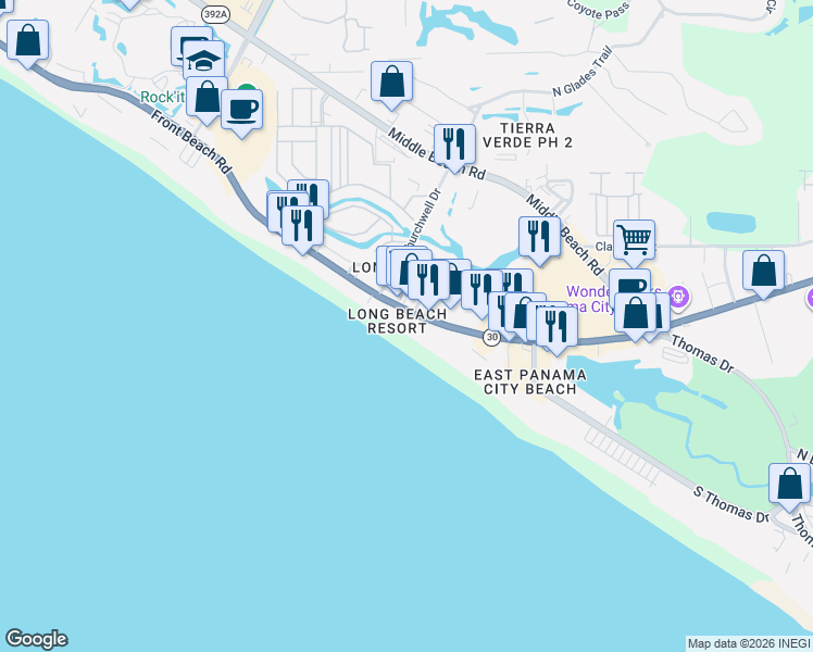 map of restaurants, bars, coffee shops, grocery stores, and more near 10519 Front Beach Road in Panama City Beach