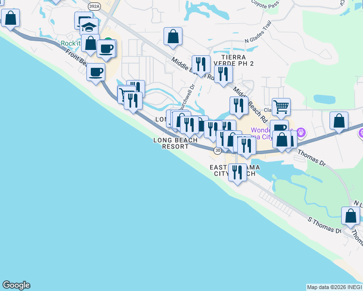 map of restaurants, bars, coffee shops, grocery stores, and more near 10519 Front Beach Road in Panama City Beach