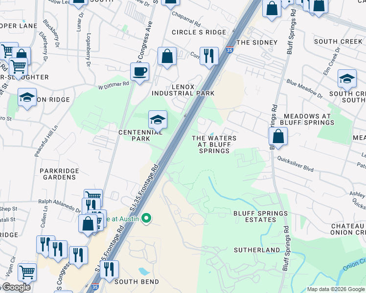 map of restaurants, bars, coffee shops, grocery stores, and more near 7907 South Interstate 35 Frontage Road in Austin