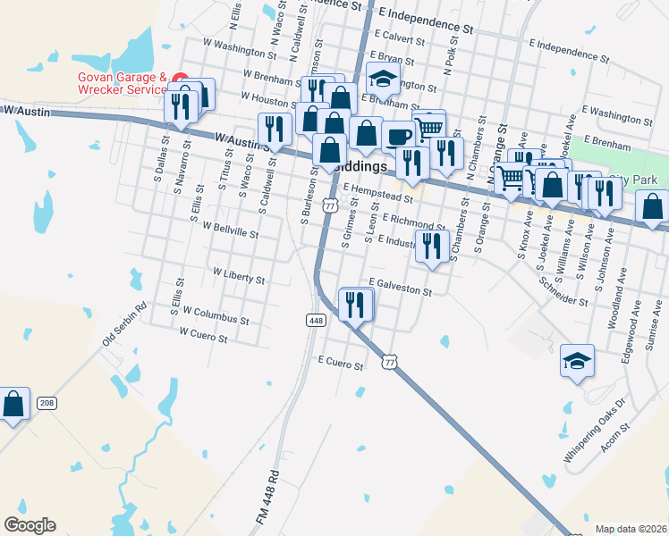 map of restaurants, bars, coffee shops, grocery stores, and more near 585 South Grimes Street in Giddings