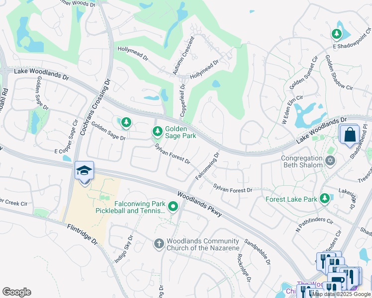 map of restaurants, bars, coffee shops, grocery stores, and more near 13 Cottage Grove Place in The Woodlands