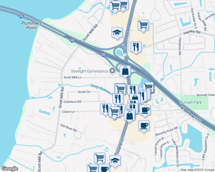 map of restaurants, bars, coffee shops, grocery stores, and more near 10829 Cheatham Trail in Jacksonville