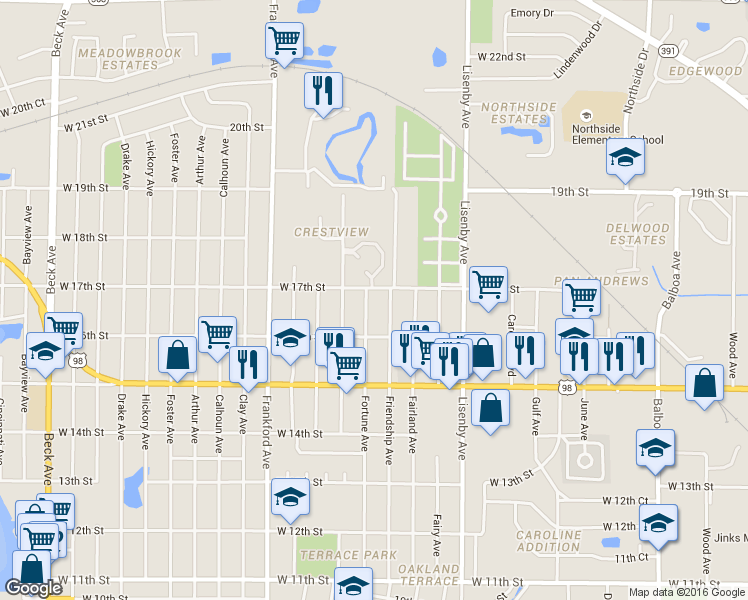 map of restaurants, bars, coffee shops, grocery stores, and more near 1612 Fortune Avenue in Panama City