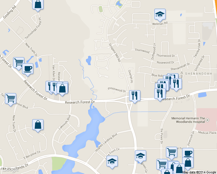 map of restaurants, bars, coffee shops, grocery stores, and more near 42 Prosewood Drive in Spring