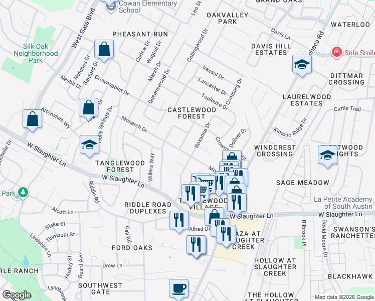map of restaurants, bars, coffee shops, grocery stores, and more near 2306 Monarch Drive in Austin