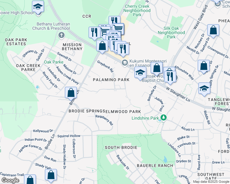 map of restaurants, bars, coffee shops, grocery stores, and more near 3309 Hackamore Drive in Austin