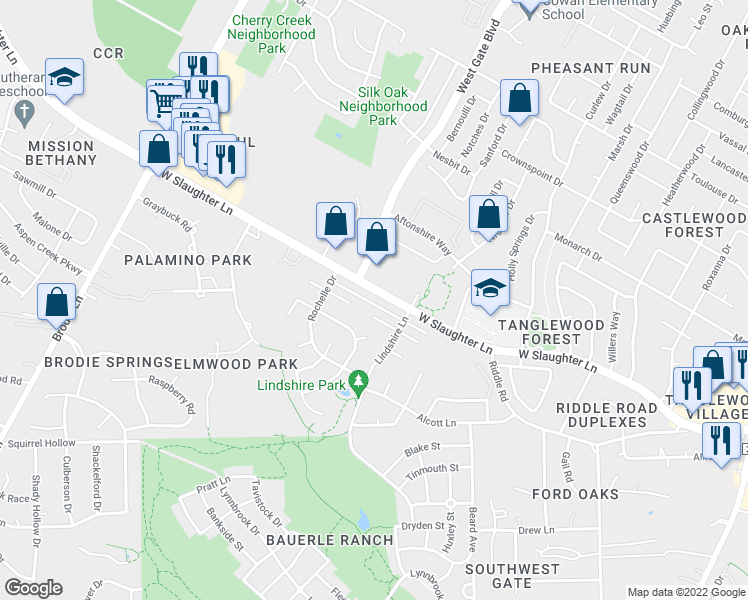map of restaurants, bars, coffee shops, grocery stores, and more near 3003 West Slaughter Lane in Austin