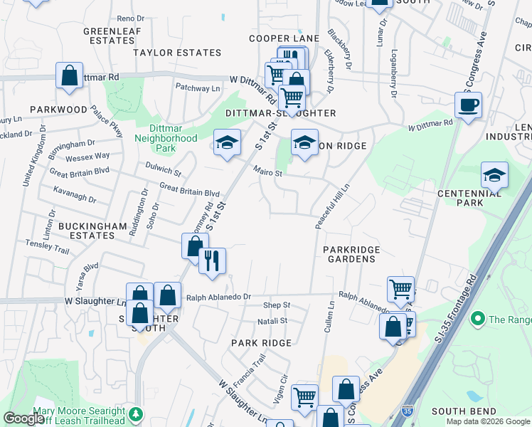 map of restaurants, bars, coffee shops, grocery stores, and more near 8312 Beaver Brook Lane in Austin