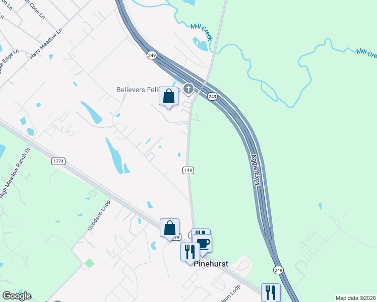 map of restaurants, bars, coffee shops, grocery stores, and more near 36014 Farm to Market 149 in Pinehurst