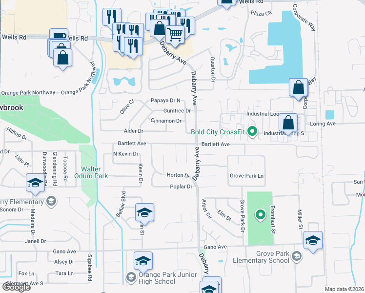 map of restaurants, bars, coffee shops, grocery stores, and more near 210 Quince Court in Orange Park