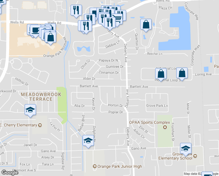 map of restaurants, bars, coffee shops, grocery stores, and more near 1735 Bartlett Avenue in Orange Park