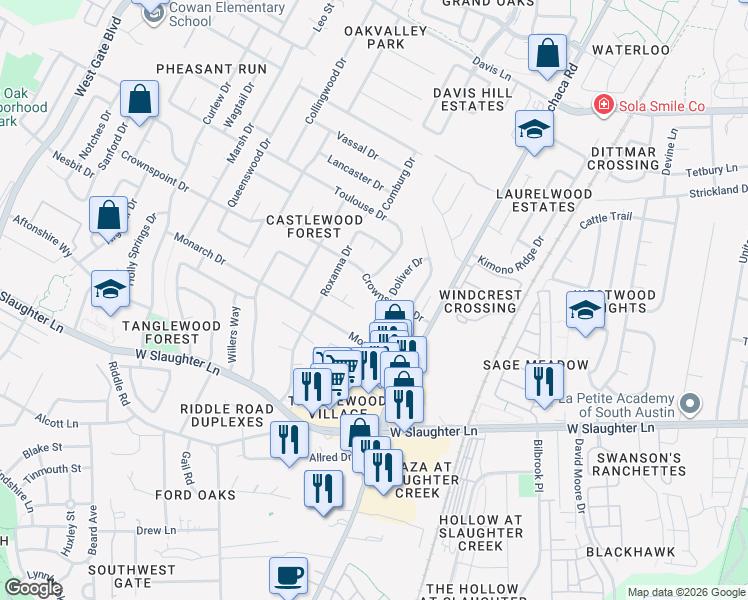 map of restaurants, bars, coffee shops, grocery stores, and more near 2115 Crownspoint Dr in Austin