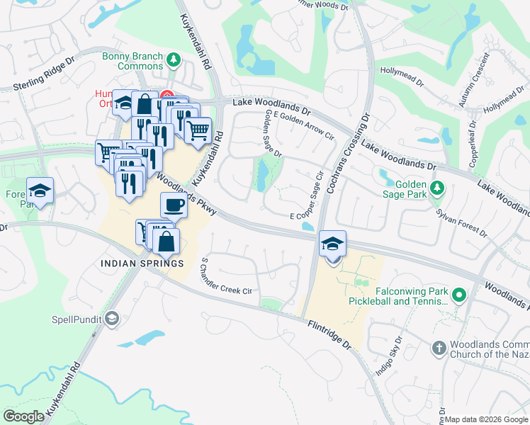map of restaurants, bars, coffee shops, grocery stores, and more near 95 South Copper Sage Circle in Spring