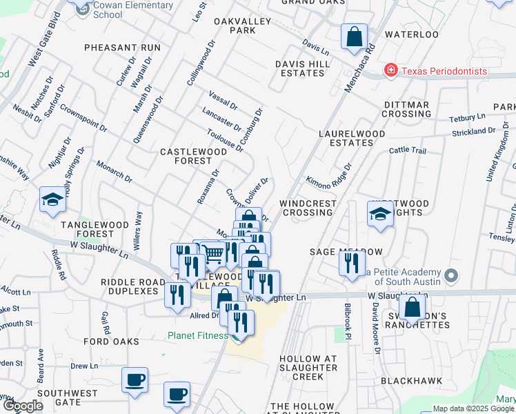 map of restaurants, bars, coffee shops, grocery stores, and more near 9406 Kempler Drive in Austin