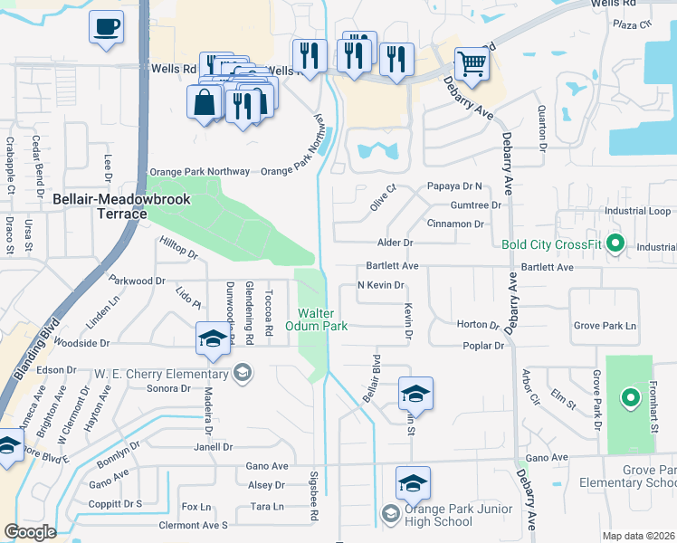 map of restaurants, bars, coffee shops, grocery stores, and more near 450 Parkwood Drive in Orange Park