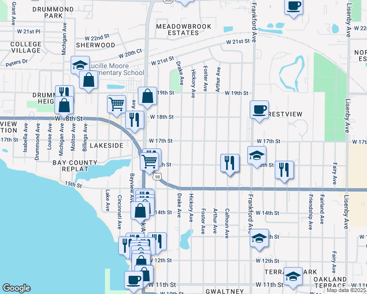 map of restaurants, bars, coffee shops, grocery stores, and more near 1610 Drake Avenue in Panama City