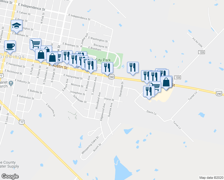map of restaurants, bars, coffee shops, grocery stores, and more near 261 Sunrise Avenue in Giddings