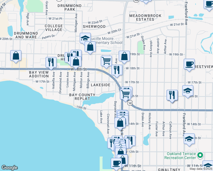 map of restaurants, bars, coffee shops, grocery stores, and more near 1611 Cincinnati Avenue in Panama City