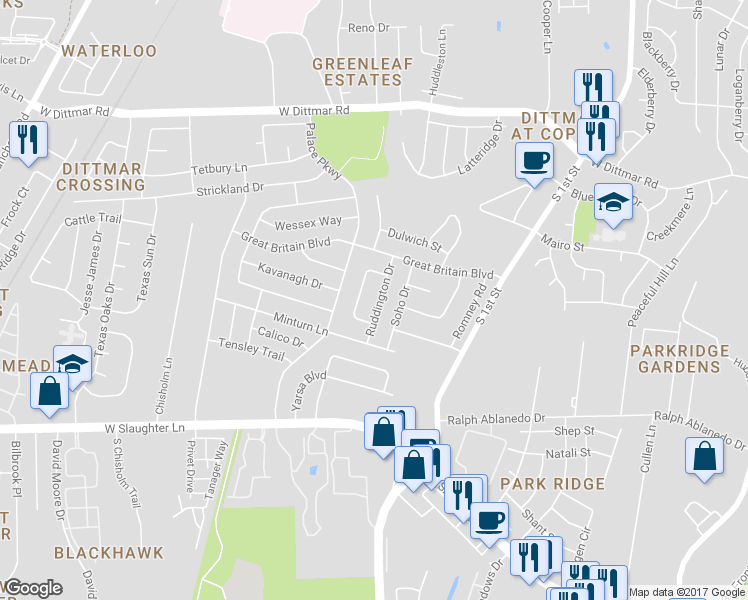 map of restaurants, bars, coffee shops, grocery stores, and more near 8604 Ruddington Drive in Austin