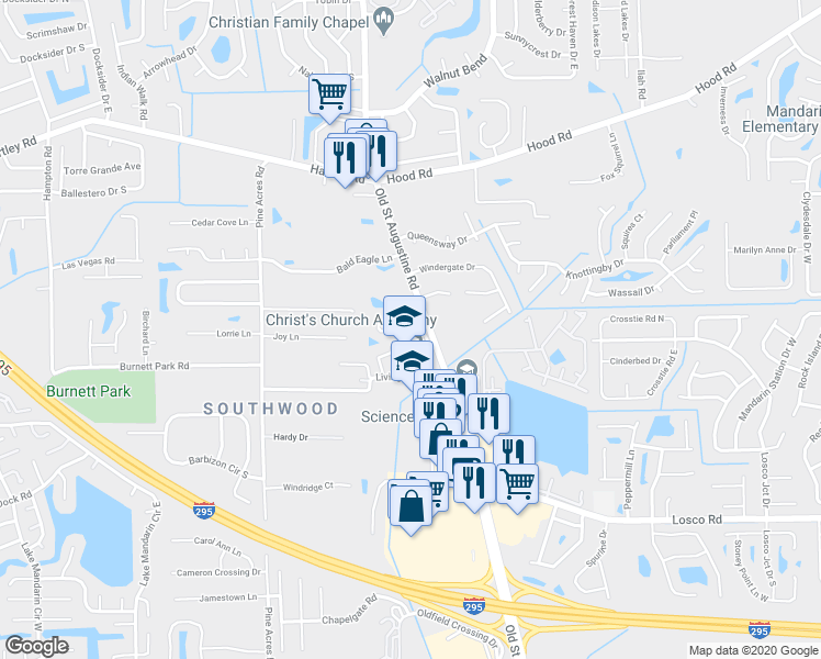 map of restaurants, bars, coffee shops, grocery stores, and more near 10822 Old Saint Augustine Road in Jacksonville