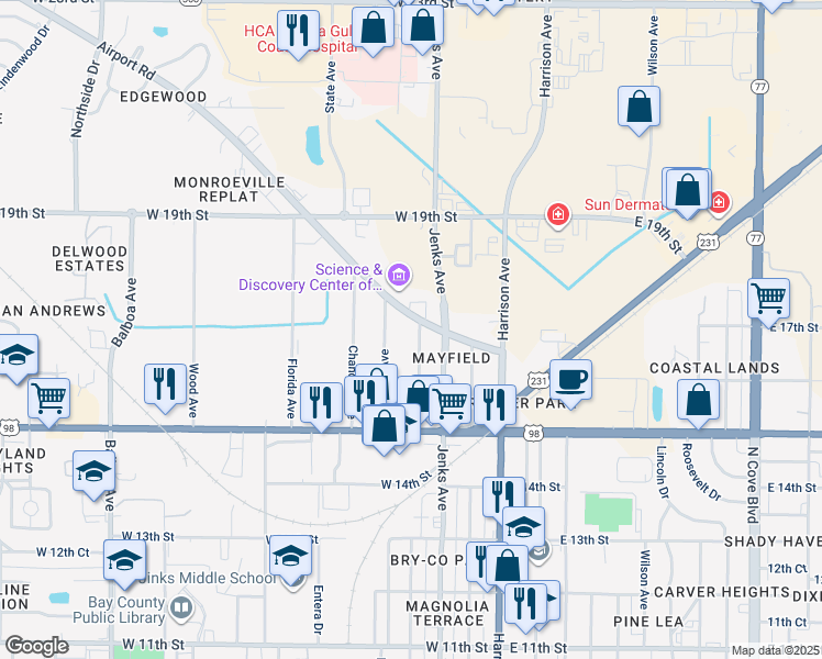 map of restaurants, bars, coffee shops, grocery stores, and more near 1545 Oak Avenue in Panama City