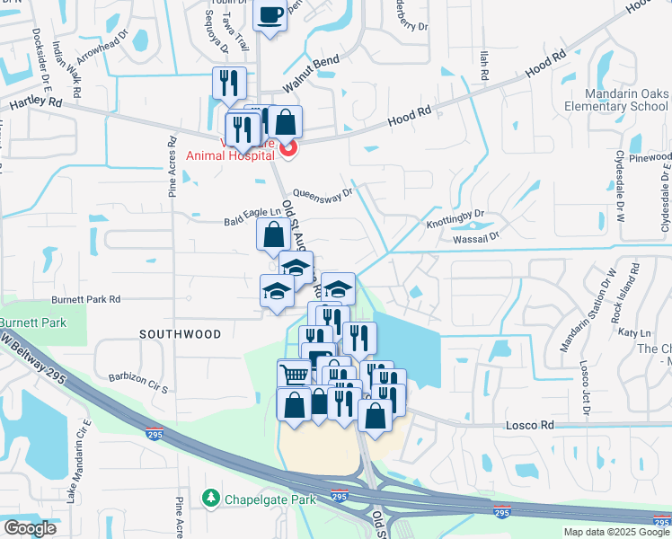 map of restaurants, bars, coffee shops, grocery stores, and more near 10875 Old Saint Augustine Road in Jacksonville