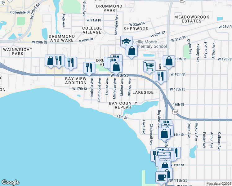 map of restaurants, bars, coffee shops, grocery stores, and more near 1612 Michigan Avenue in Panama City