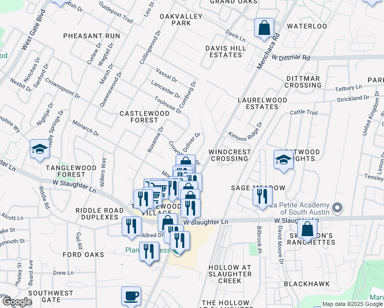 map of restaurants, bars, coffee shops, grocery stores, and more near 9406 Kempler Drive in Austin