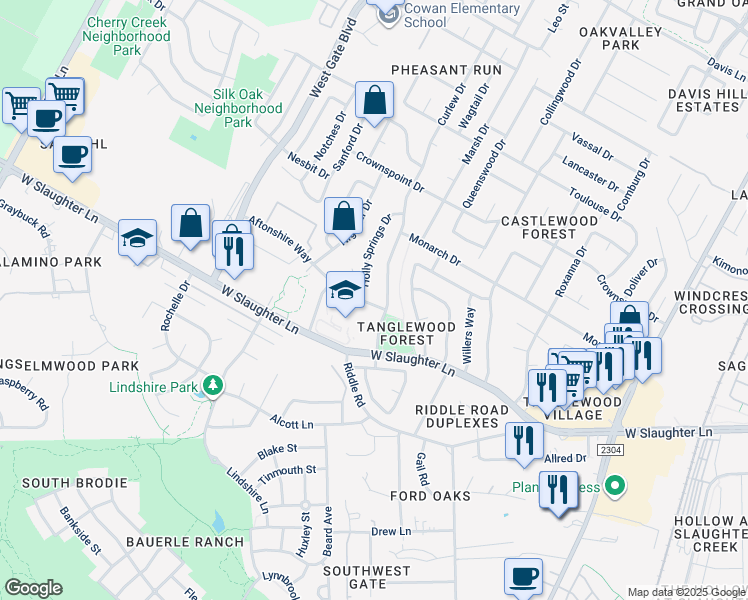 map of restaurants, bars, coffee shops, grocery stores, and more near 2664 Aftonshire Way in Austin
